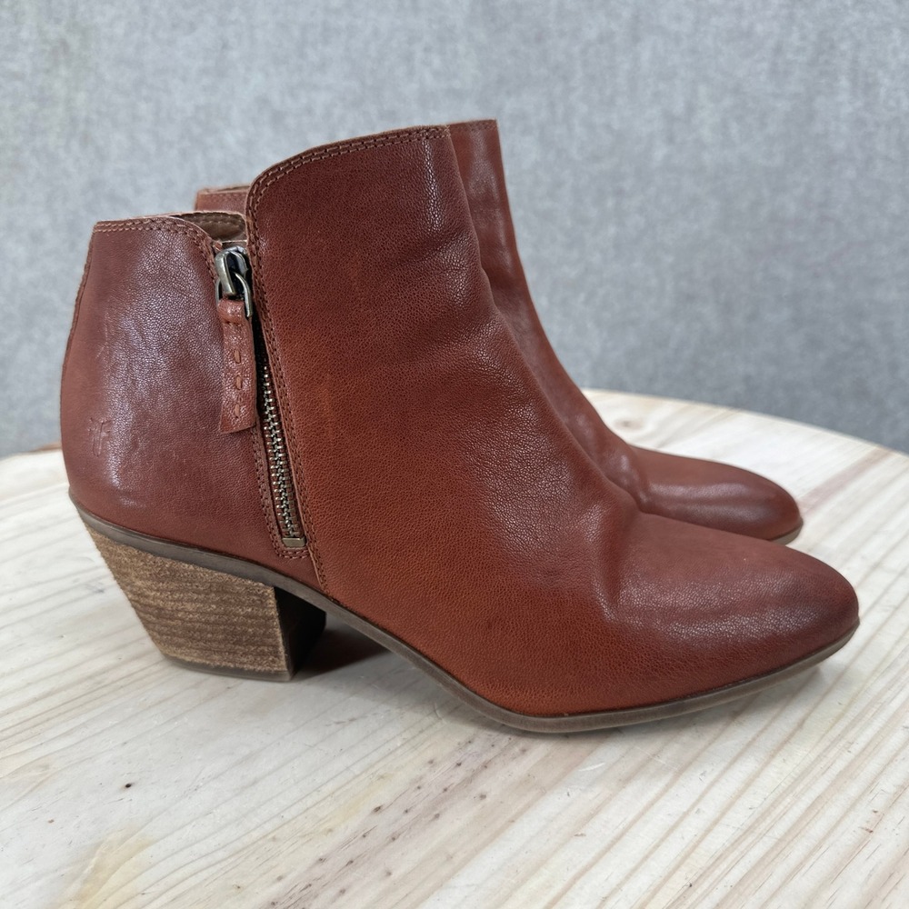 Frye Judith Ankle Boots Womens 10 Cognac Brown Leather Pointed Toe Block Heel - Picture 2 of 10